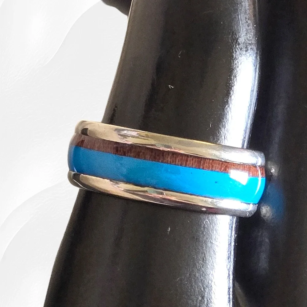 Turquoise Wood Pattern Artificial Inlay Stainless Steel Fashion Band Ring Size 9